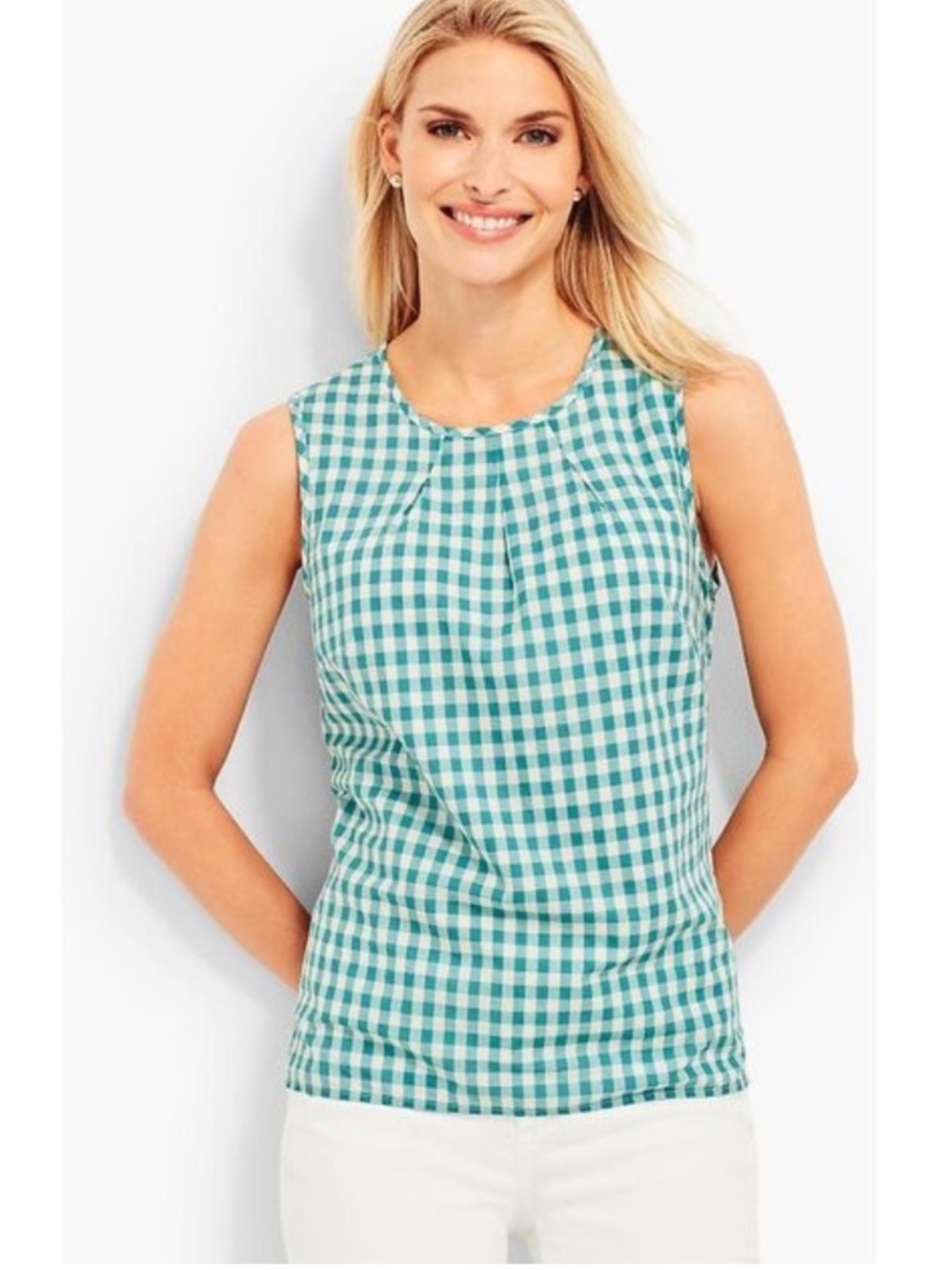 New Talbots Sleepless Top Gingham Plaid Pleated Preppy 1X Coastal Casual Cotton